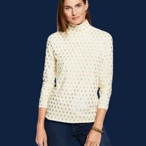 NWT Talbots Petite Cream Classic Turtleneck Tee Gold Mini Pine Trees Size PS